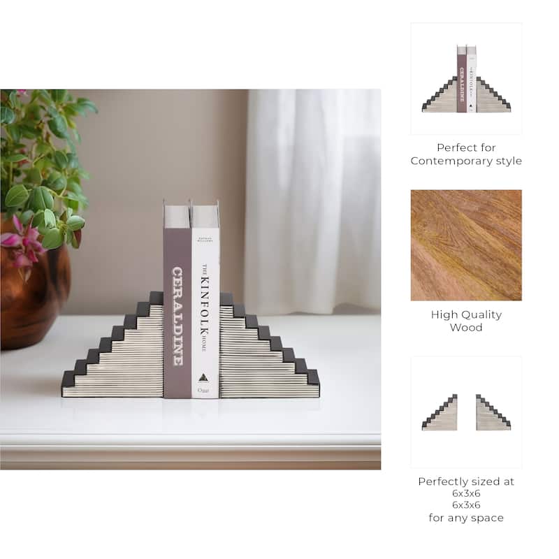 Decorative Striped Stair-Step Bookends - Set of 2, 6", Black & White - 6.0"