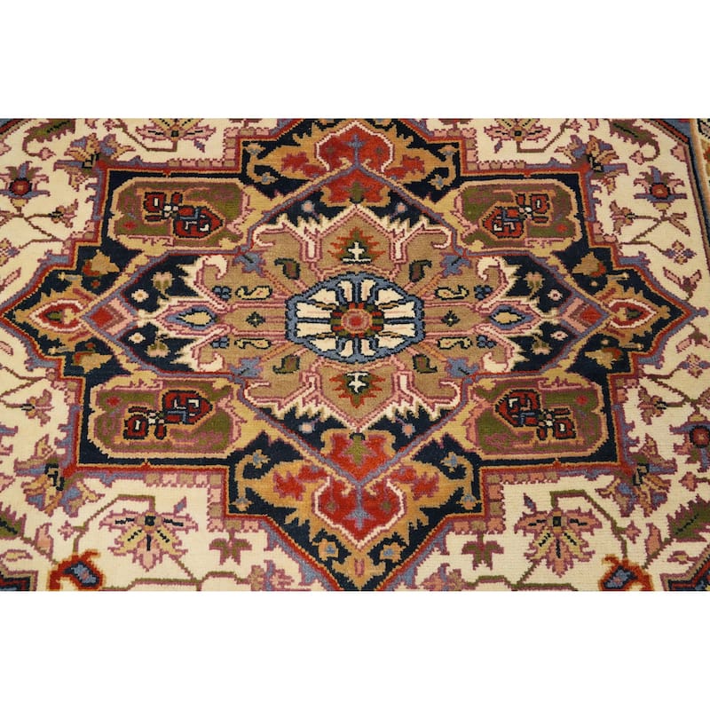 Hand Knotted Oriental 100% Wool Carpet Traditional Medallion Beige & Ivories Heriz (serapi) Area Rug - 9' 11'' X 7' 10''