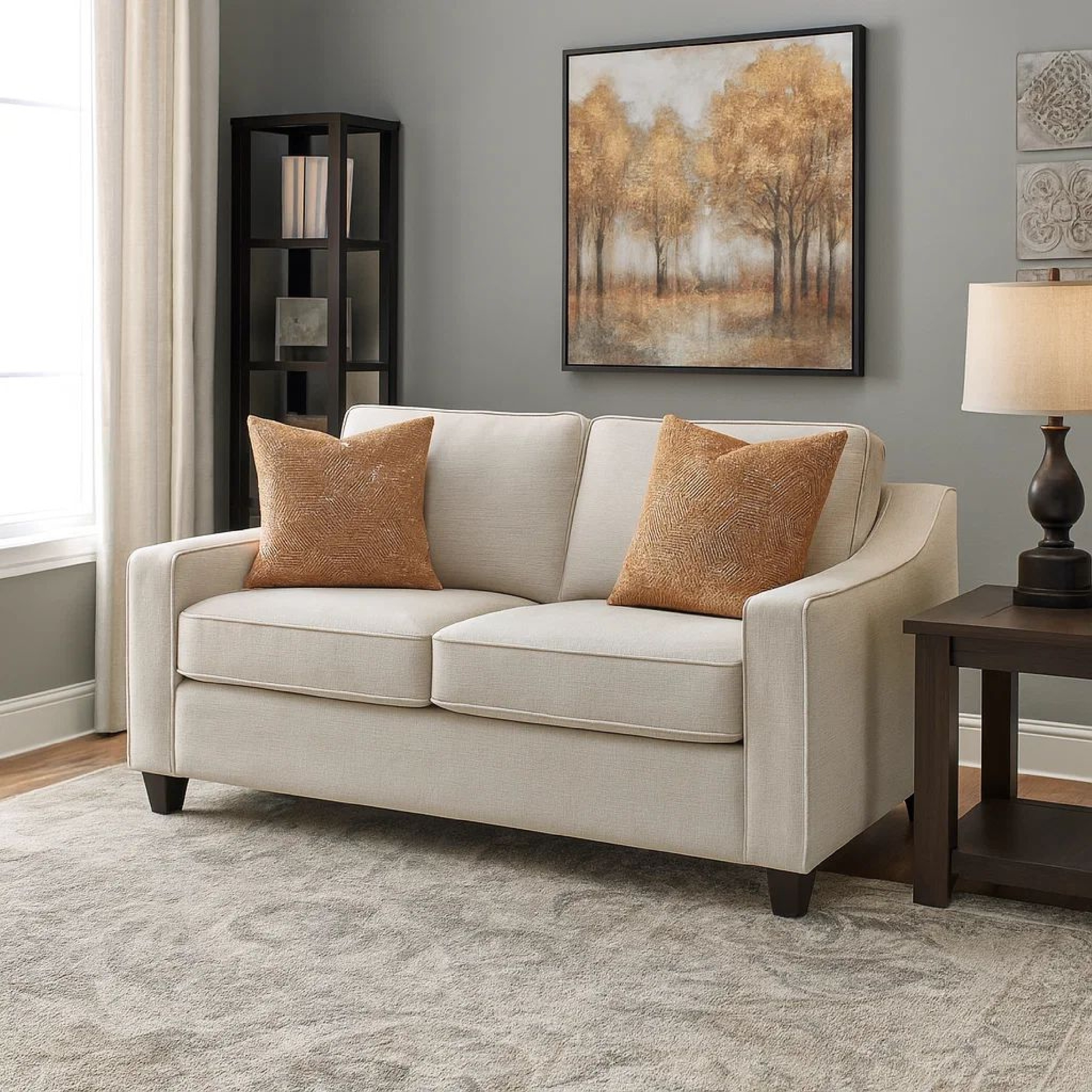 Benjara Leo 64 Inch Contemporary Loveseat with 2 Pillows, Chenille Fabric, Beige