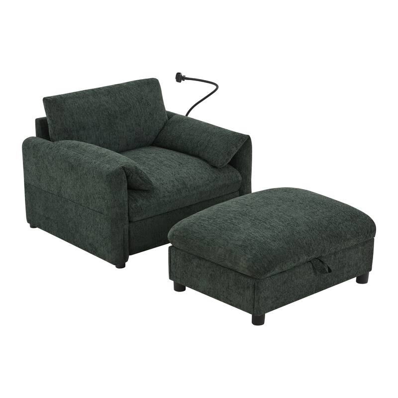 Single Sofa Chair and Storage Ottoman Sets, Chenille Accent Chair Wide Seat Chaise Lounge Couch with Phone Holder & USB Chargers