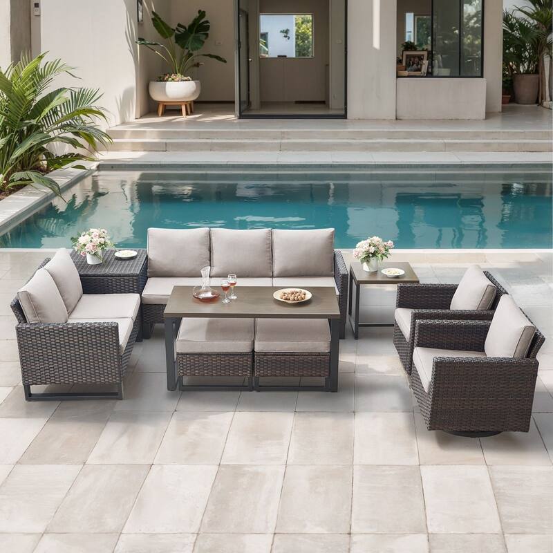 Gymojoy 7-9 Person All-Weather Wicker Outdoor Conversation Set Seating Group With Swivel Chairs And Coffee Table - Brown Wicker / Beige Cusion - 9-Piece