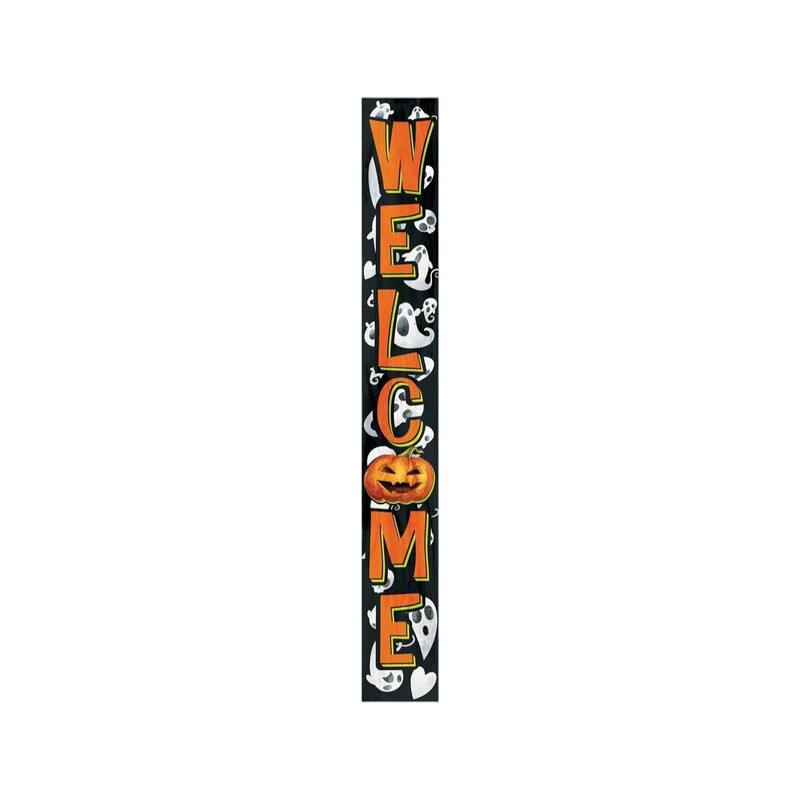 HomeRoots 72" Black And Orange Solid Wood Welcome Halloween Ghost Porch Sign
