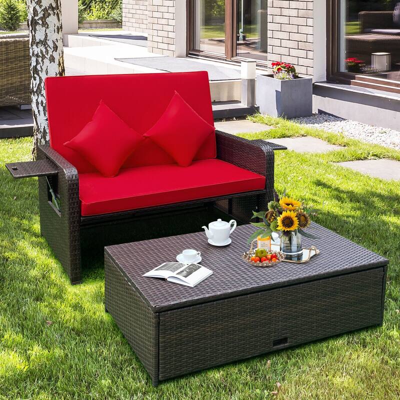 Patio Rattan Daybed with 4-Level Adjustable Backrest and Retractable Side Tray - 31" x 67" x 36"