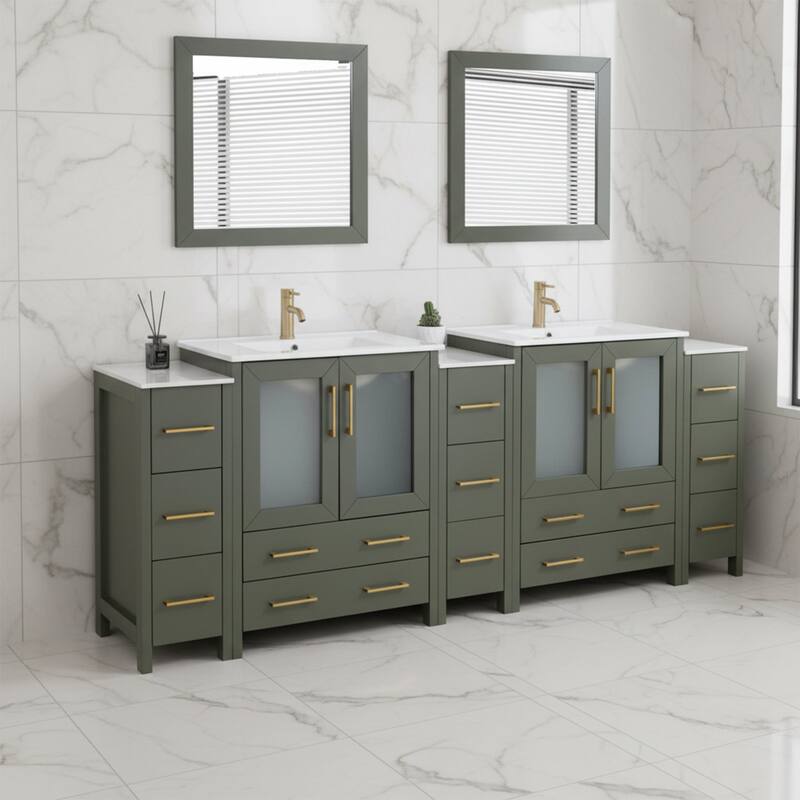 Vanity Art 96" Double Sink Bathroom Vanity Set 13 Dove-Tailed Drawers 5 Cabinets 2 Shelves, Soft-Closing Doors with Free Mirror