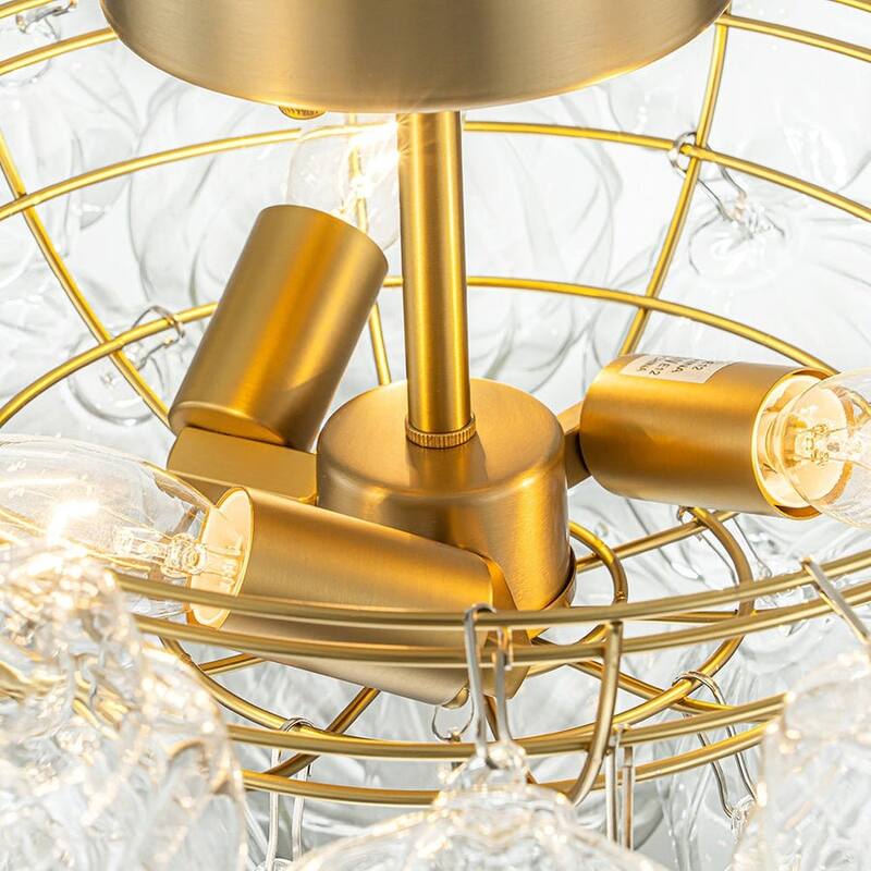 Brass 3-Light Faceted Glass Globe Cluster Bubble Semi Flush Mount