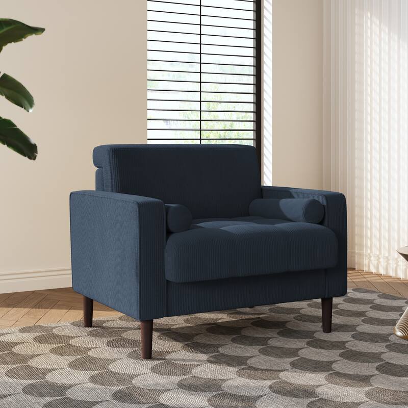 Modern Upholstered Corduroy Wide Armchair with Bolster Pillows - Navy Blue