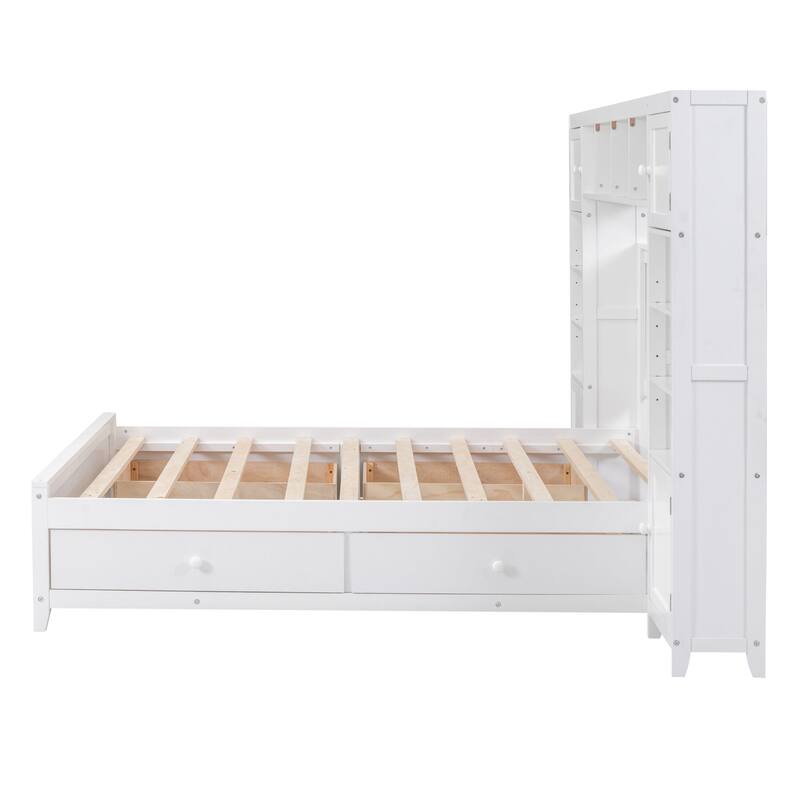 Wooden Bed with Integrated Cabinet and Shelves
