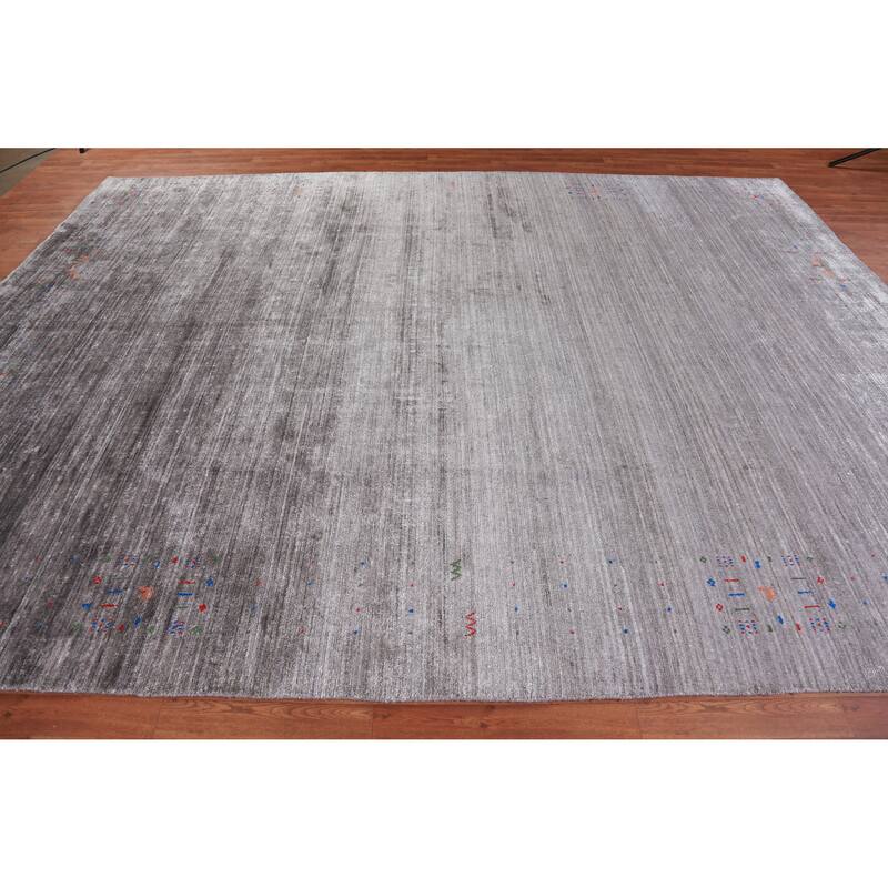 Hand Knotted Oriental 100% Wool Carpet Tribal Stripe Greys & Charcoal Gabbeh Area Rug - 12' 1'' X 9' 1''