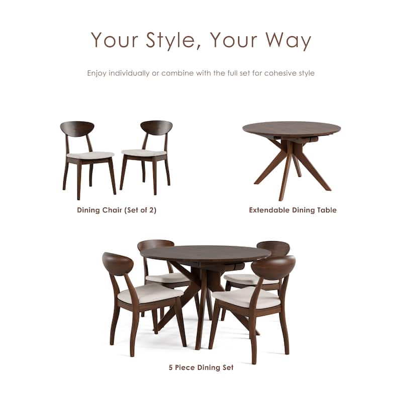 Furniture of America Abigail V Mid-Century Modern 7-Piece Rich Walnut Solid Wood Convertible Dining Set with Butterfly Leaf