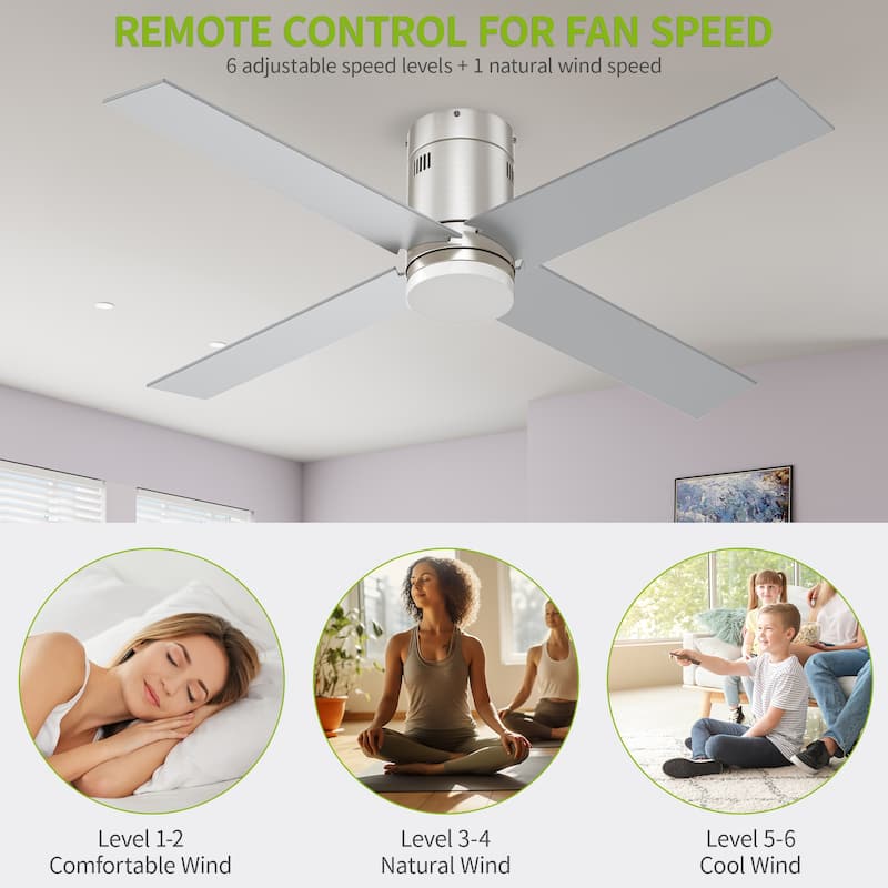 52" Flush Mount Ceiling Fan with Light and Remote, Modern for Indoor DC Motor