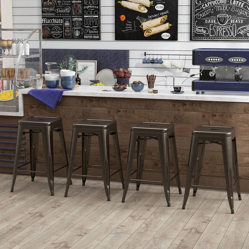 Gymax 24'' Metal Bar Stools Set of 4 w/ Square Seat Patio Bar Stools