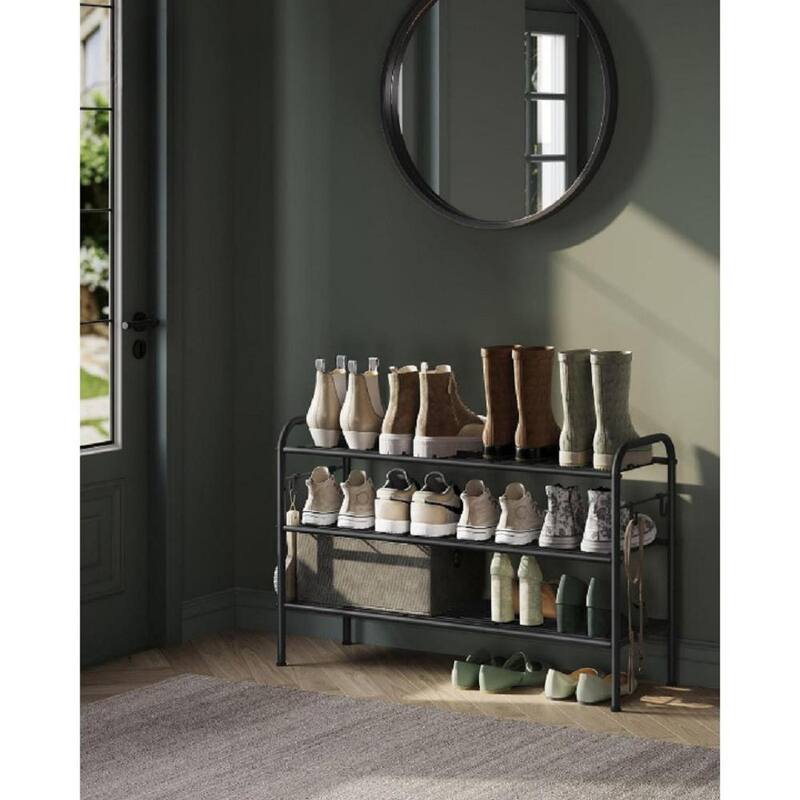 Moder Metal Shoe Rack Organizer with Shelf Storage with Side Hooks for Multiples Shoes Pairs