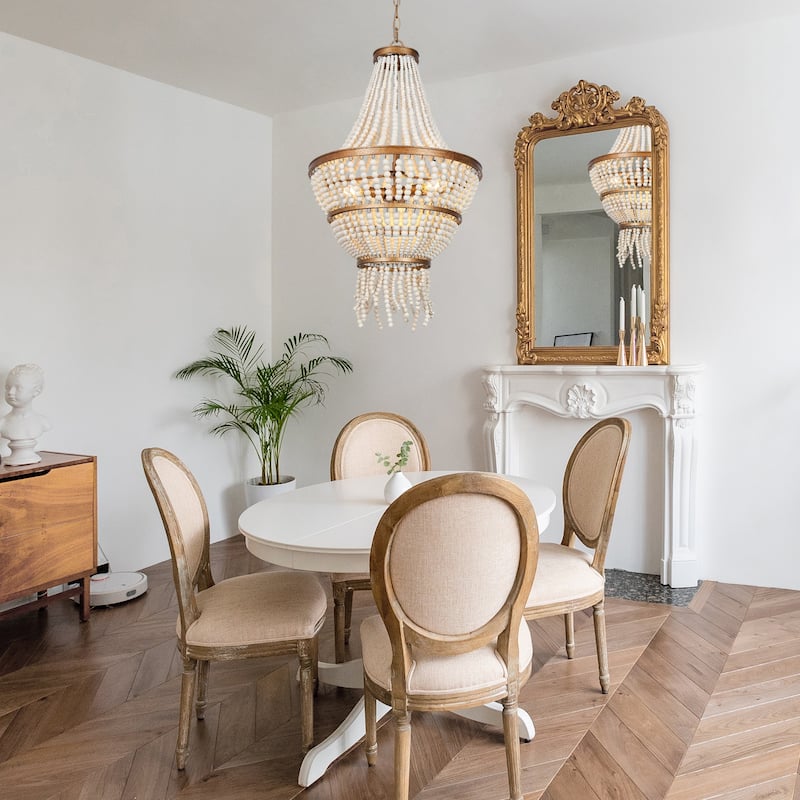 Renia Empire Glam 4-tier Beads Coastal Chandelier 3-light Gold/ Beige Dining Room Lights Stairwell Living Room