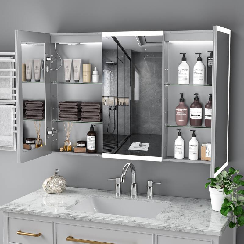 GDFStudio Elowen Aluminum Glass LED Medicine Cabinet with Anti-Fog Storage