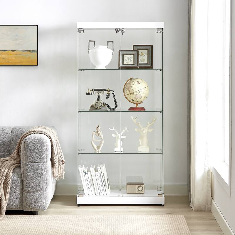 4-Tier Double Glass Door Display Bookshelf with Two Locks and 2 Lamp - White