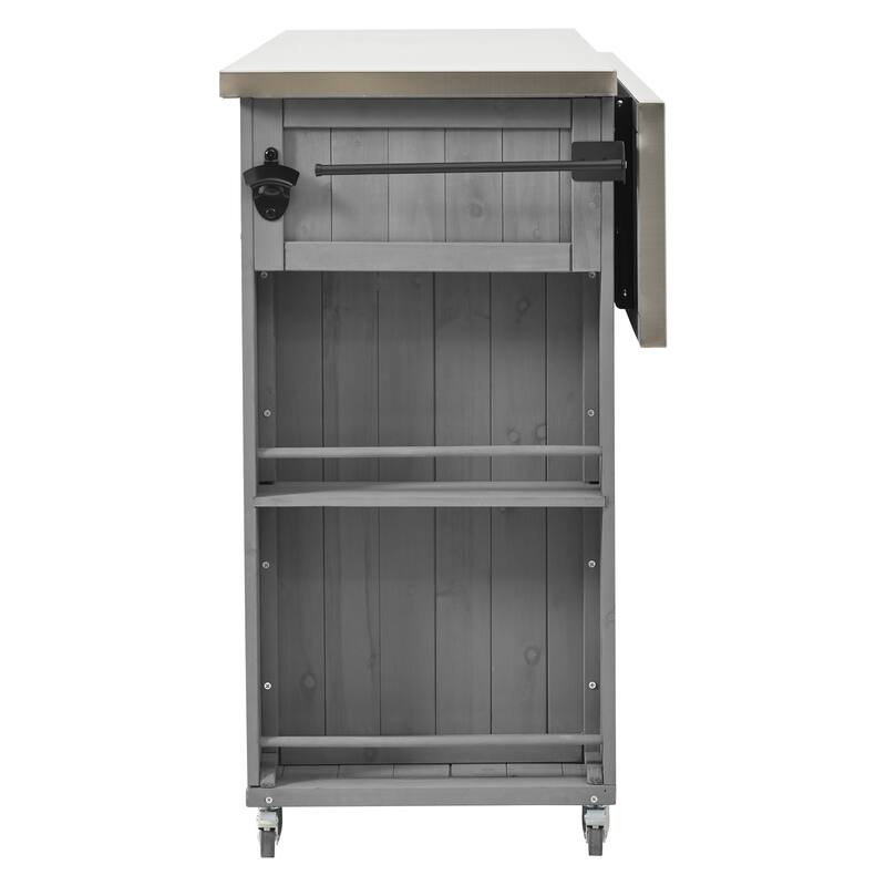 Outdoor Kitchen Island Fir Wood Kitchen Island with Stainless Steel Top, Ample Storage Space, Towel and Spice Racks