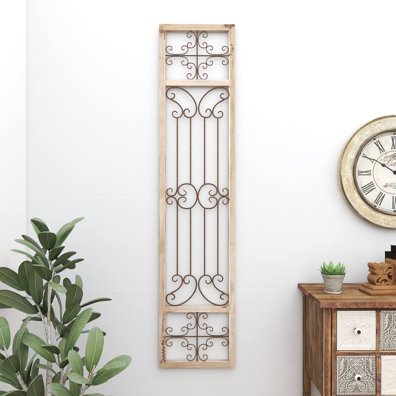 Wood Scroll Distressed Ornamental Panel Home Wall Decor with Bronze Metal Wire Details - Cream - Roche River Decor