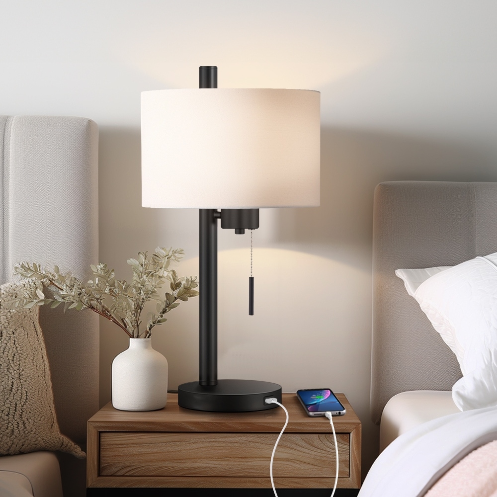 23-in Black Modern Table Lamp with USB Port and White Linen Shade - 23"H
