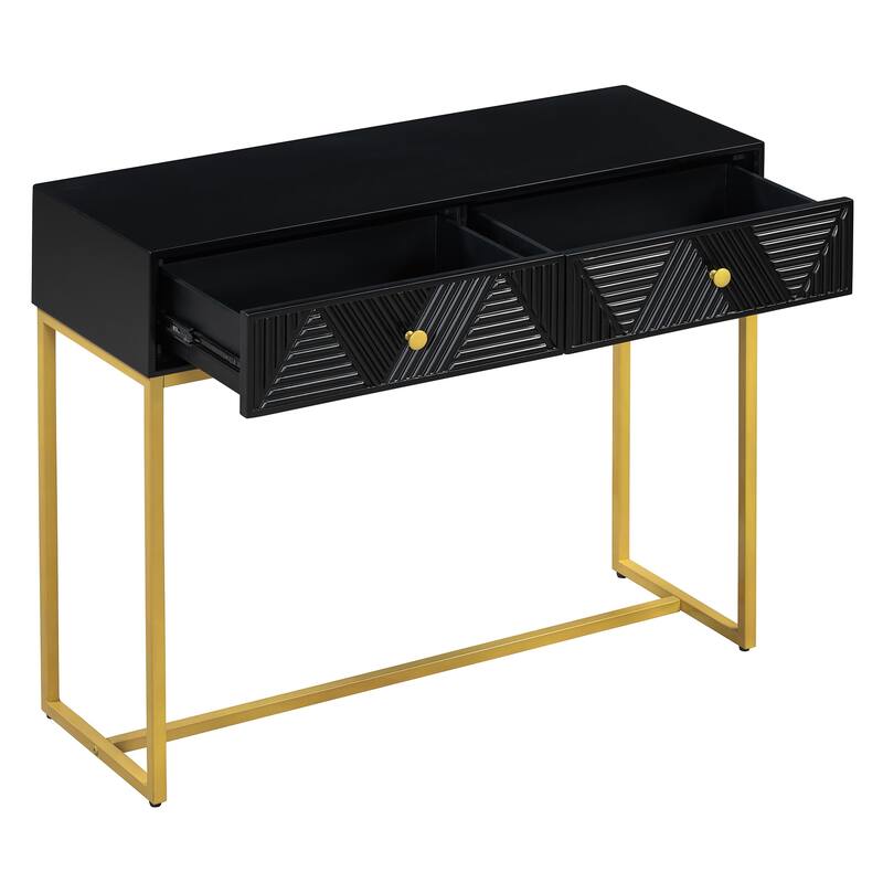 38" Modern Console Table with Two Drawers and Gold Metal Base for Entryway, Living Room