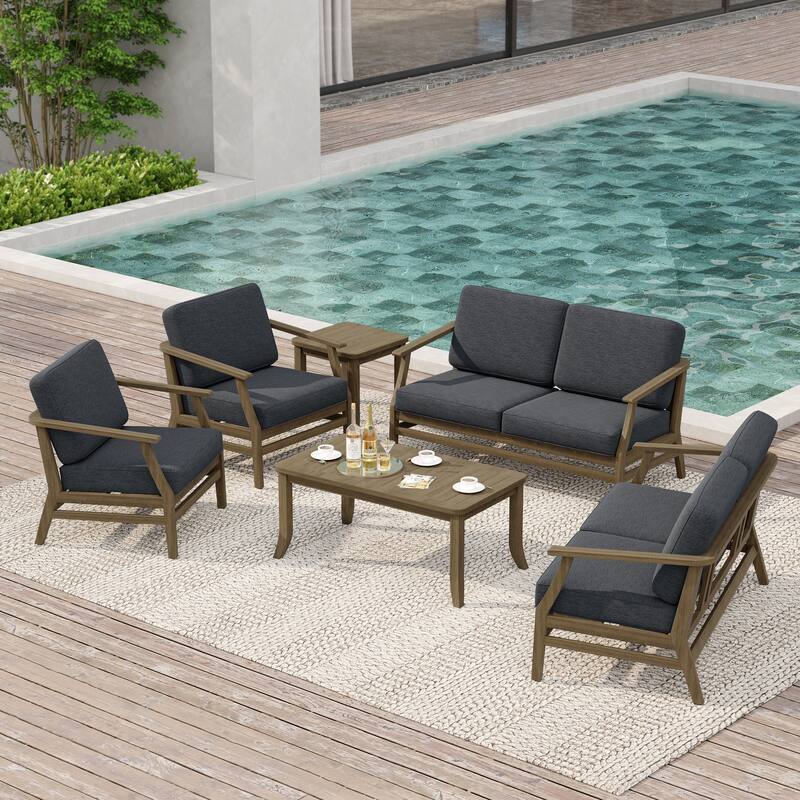 Large Outdoor Conversation Set with Patio Chairs, Loveseat, Tables - Natural Wood - Dark Grey
