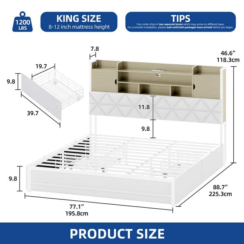 Moasis Queen / King Size Upholstered Bed Frame with Storage Bookcase Headboard & RGB LED Lights - King - White
