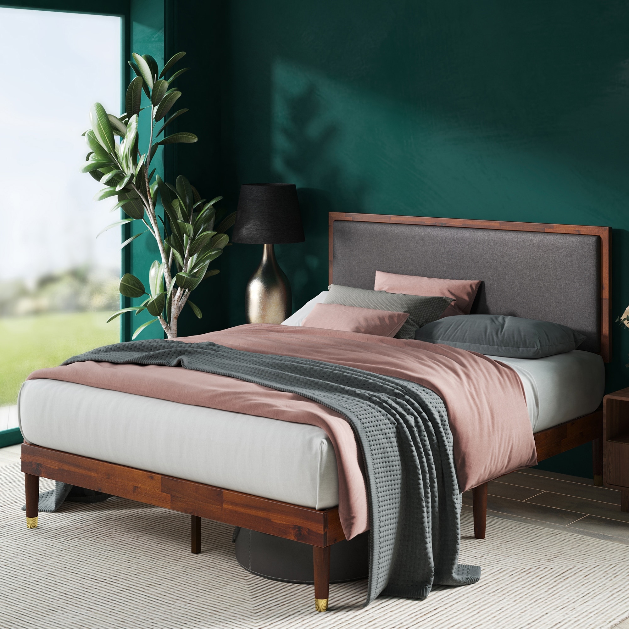 Zinus grey queen bed frame wood hot sale platform upholstered mattress padded room indoor new