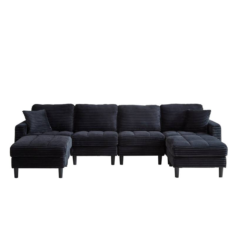 122.5" Corduroy U-Shaped Sectional Sofa with Ottomans & Pillows
