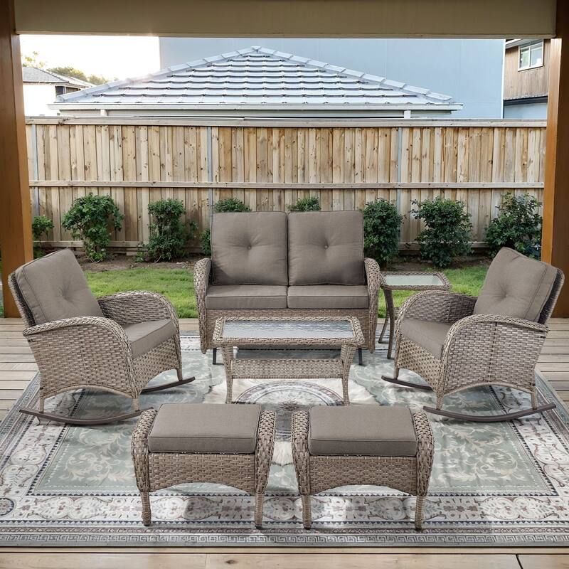 Gymojoy Outdoor Wicker Patio Furniture Loveseat Glider & Chair Set Weather-Resistant - Grey Wicker / Grey Cusion - Loveseat Set - included Rocking Chairs