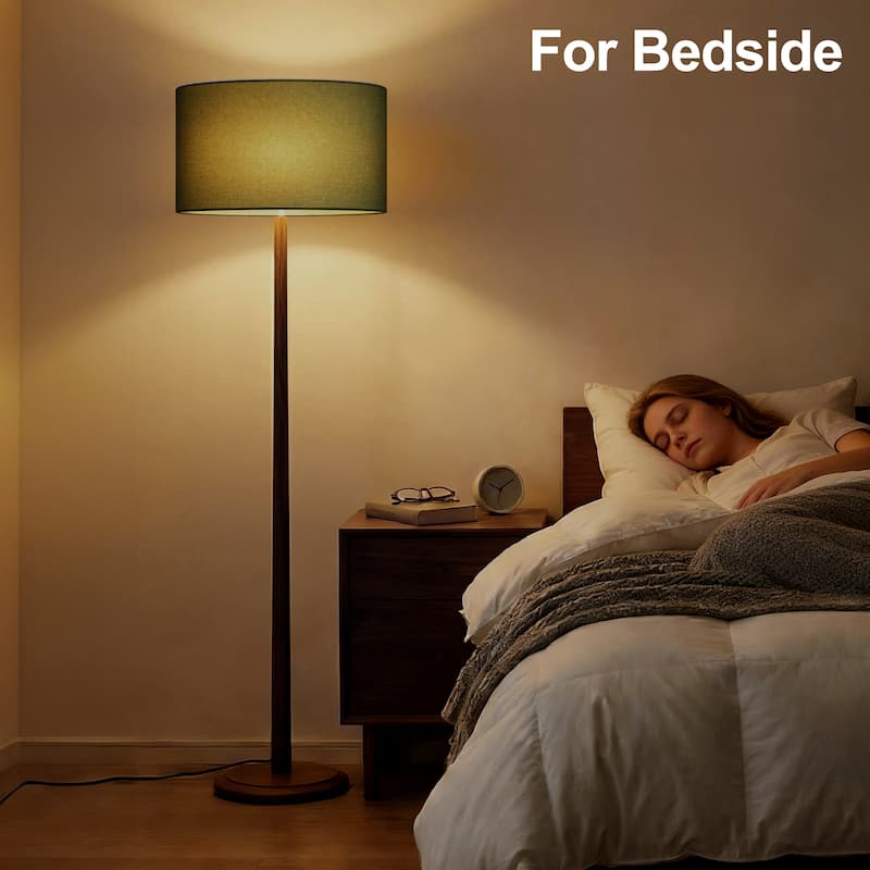 61" Walnut Wood Floor Lamp with Linen Drum Shade, Standing Lamp with Foot Step ON/OFF Switch (Bulb Not Included)