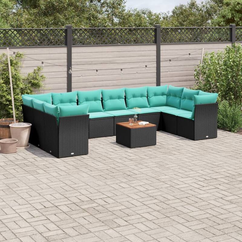 vidaXL 11 Piece Patio Sofa Set with Cushions Black Poly Rattan - 24.4x24.4x27.2 Back cushion, cotton fiber