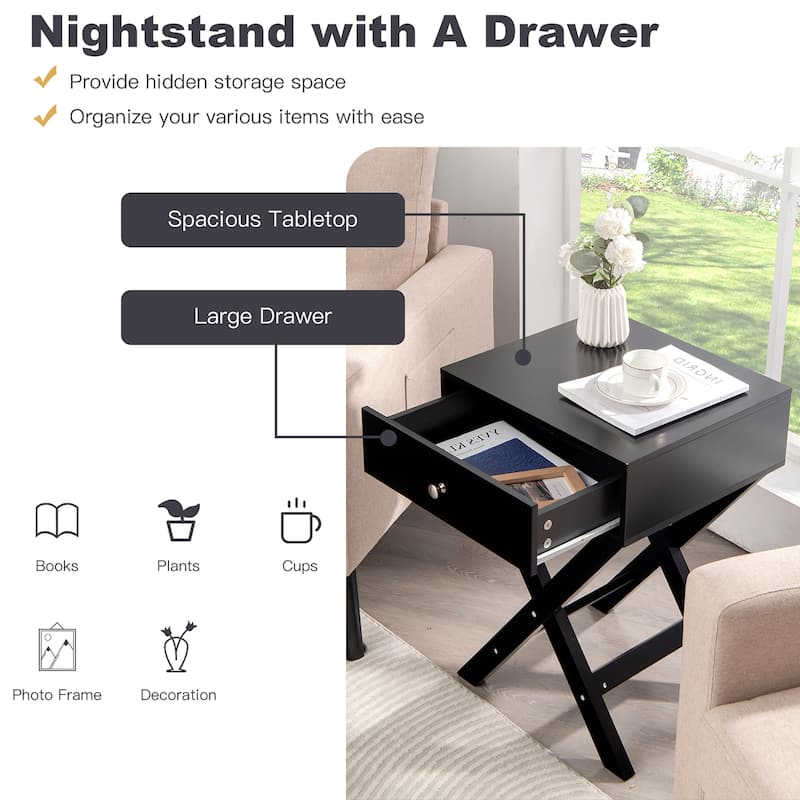 Costway Side Nightstand with Drawer x Shaped Structure Accent Sofa End