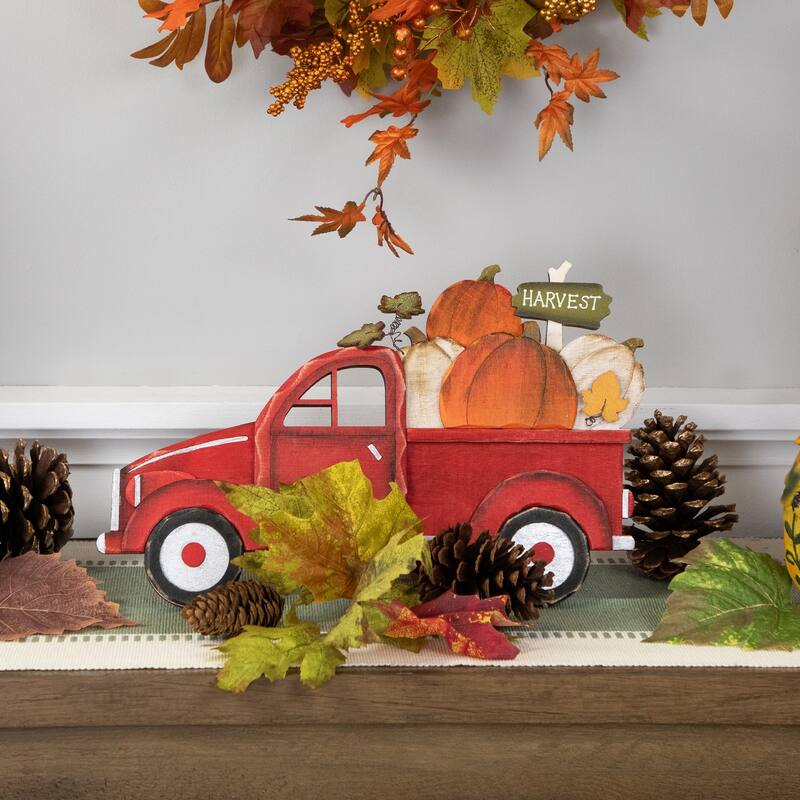 14" Red Truck with Pumpkins Fall Harvest Sign Decoration