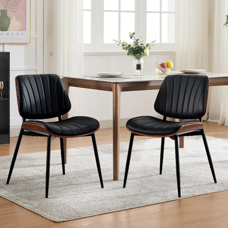 Dining Chairs Set of 2, Modern PU Leather Upholstered Accent Chairs with Shell Strips, Walnut Bentwood Back