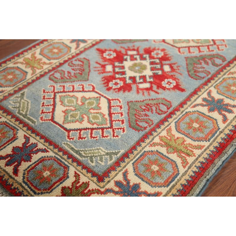 Light Blue Geometric Kazak Oriental Accent Rug Handmade Wool Carpet - 2'1"x 2'10"