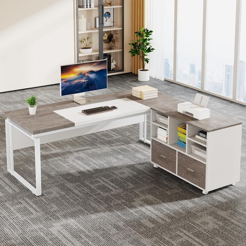 L-Shaped Executive Desk with File Cabinet - Gray & White