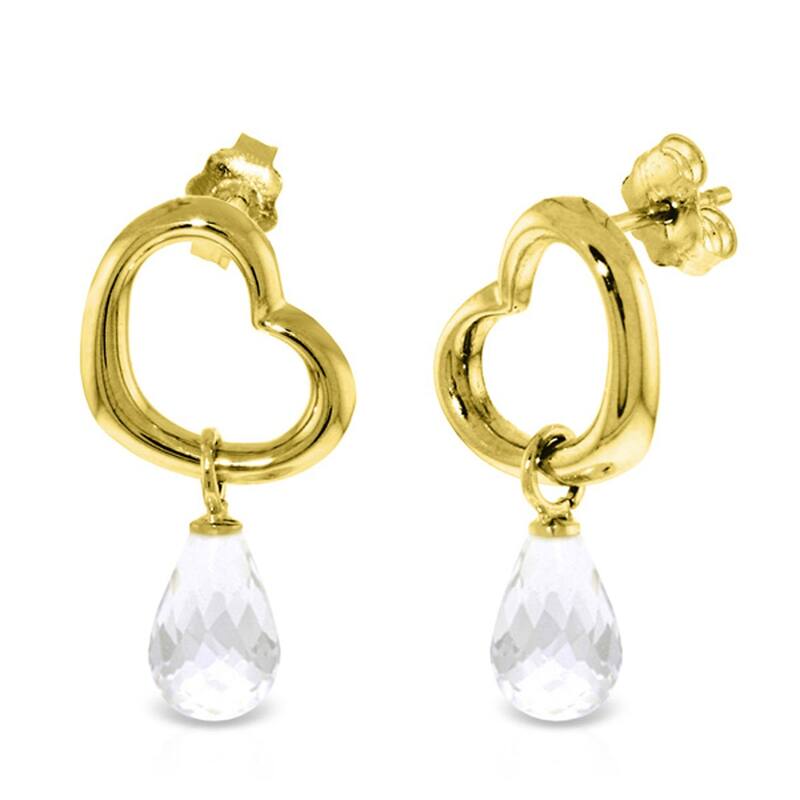 14K Solid Gold Heart Gemstone Earrings w/ Dangling Natural White Topaz - Yellow