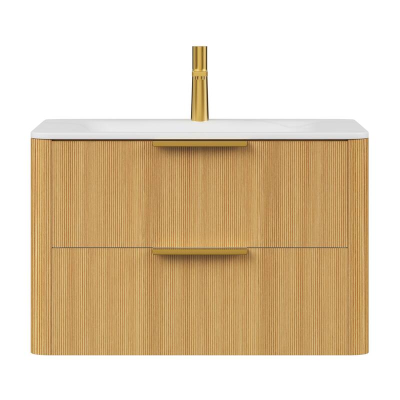 GDF Studio - Zane Bathroom Vanity with Ultra-Pinstriped Drawer Fronts & Carrara White Sintered Stone Basin, WITHOUT Faucet