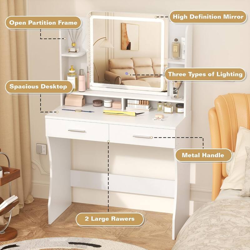 White Makeup Vanity Desk Wooden Dressing Table with Adjustable Lighted Mirror & 2 Drawers & Storage Shelves for Bedroom