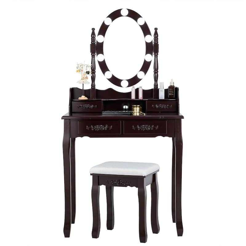 Makeup Dressing Table with Touch Switch Lighted Mirror and Cushioned Stool - 29.5"(L) x 16"(W) x 57"(H)