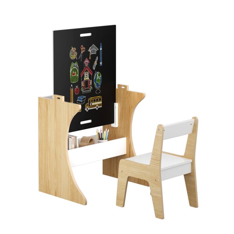 Kids Flip-Top Study Desk & Chair Set with Chalkboard White & Natural Wood MDF/Eco-Wood - 23.62" x 19.68" x 22.04"