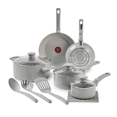 T-fal Essentials, Ceramic Non-Stick 12 Piece Pots and Pans Cookware Set, Moon Grey