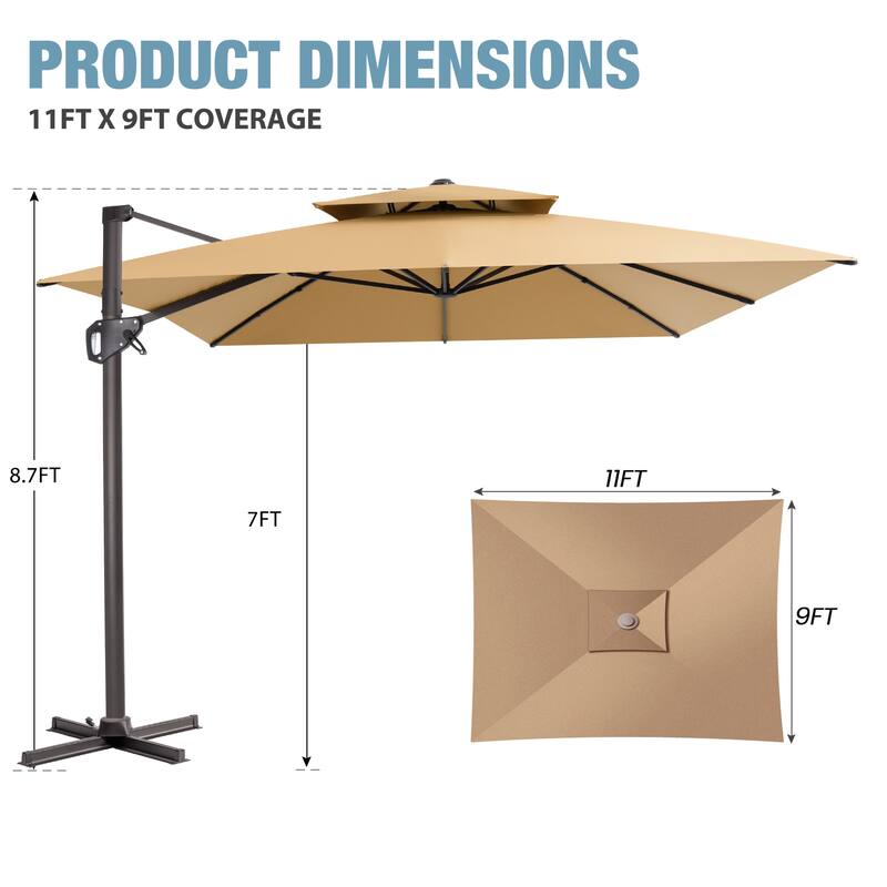 VredHom Outdoor 9x11FT Patio Dual Top Cantilever Offset Umbrella