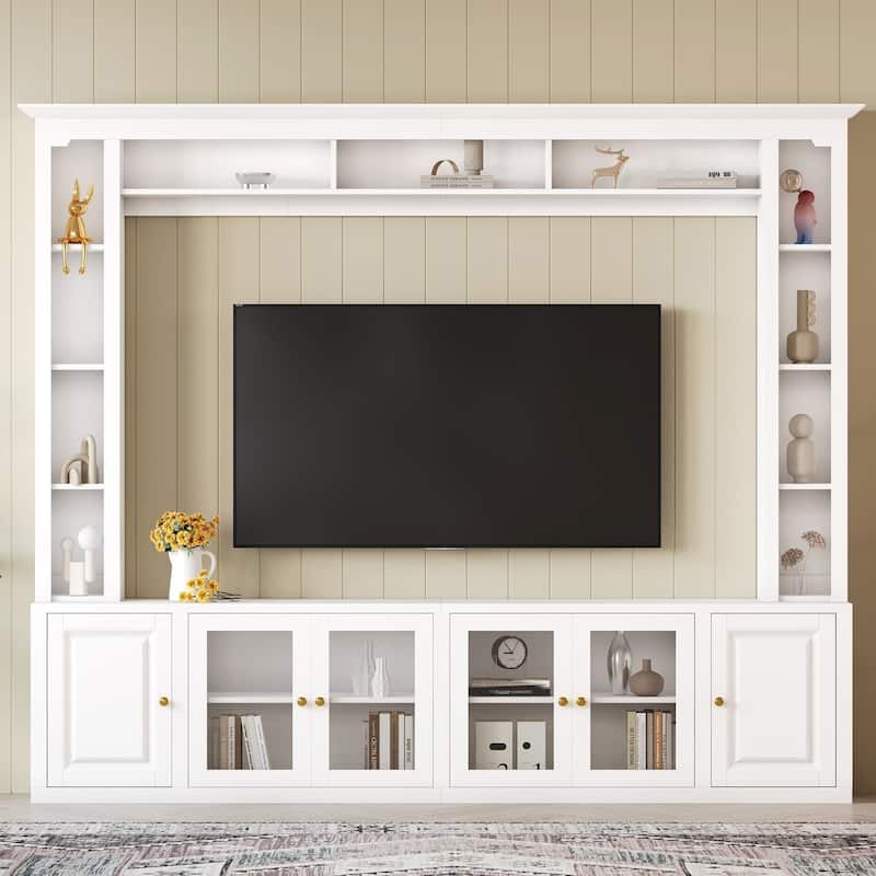 Entertainment Center Wall Unit Set with Bookshelves, Large 92" TV Stand with Glass Doors & Adjustable Shelves, for TVs Up to 80"