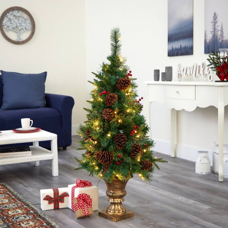 4’ Pine & Pinecones Artificial Christmas Tree Urn, Clear LED Lights - 4 Foot