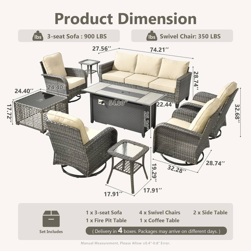 HOOOWOOO 9-piece Outdoor Seating Sofa Patio Swivel Chair Fire Pit Set