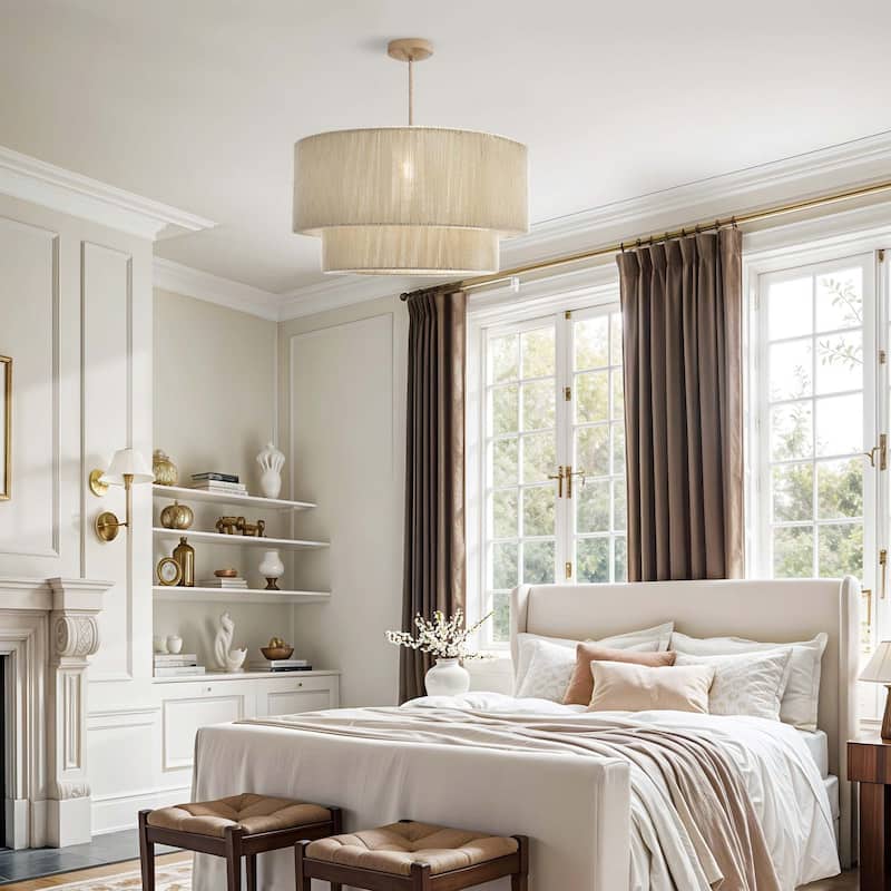 Elaine Rattan Pendant Light - Ivory White Large Drum 1-Light Handwoven Light Fixture For Modern, Boho, Farmhouse Room Decor