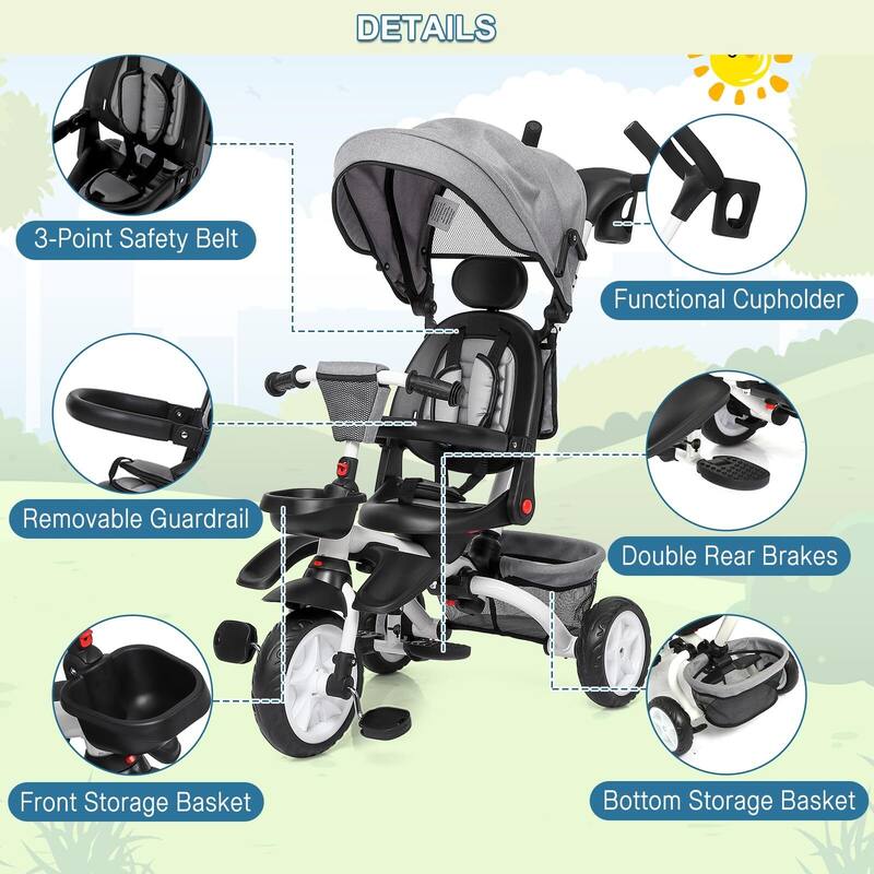 Baby Tricycle, 7 in 1 Folding Toddler Bike w/Removable Adjustable Push Handle