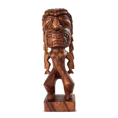 Handmade Wooden Primitive Angry Face Curly Hair Tribal Statue Sculpture Tiki Bar Handcrafted Unique Gift Art Home Decor