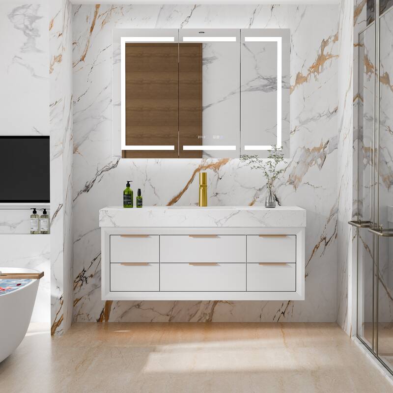 36/48/60 Modern Floating Bathroom Vanity with Sinle/Double Sink & Soft-Close Drawers & LED Lighting & Waterproof, White - 48''single sink