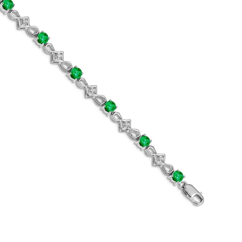 Curata 14k Yellow or White Gold 7" 4mm Emerald, Ruby or Sapphire and Diamond Bracelet - Emerald - White